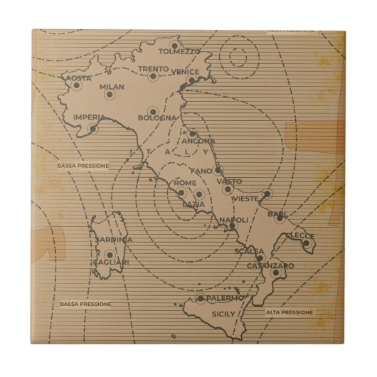 イタリア、シリー諸島、サルデーニャのヴィンテージ気象図 タイル (正面)