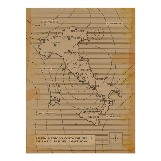 イタリア、シリー諸島、サルデーニャのヴィンテージ気象図 ポスター (正面)
