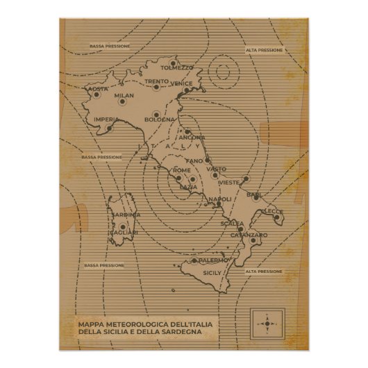 イタリア、シリー諸島、サルデーニャのヴィンテージ気象図 ポスター (正面)