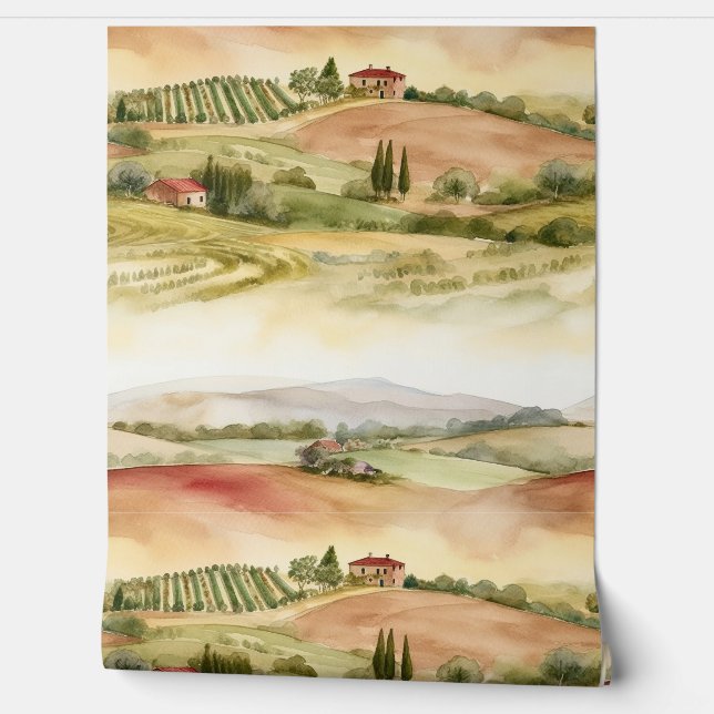 イタリア・トスカーナの田園風景 水彩画 壁紙 (ほどく)