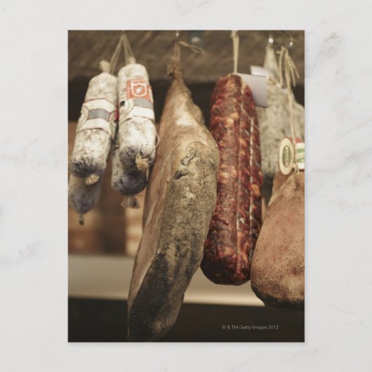 イタリア，トスカーナ，ピエンツァ，地元のハムの選択と ポストカード (正面)