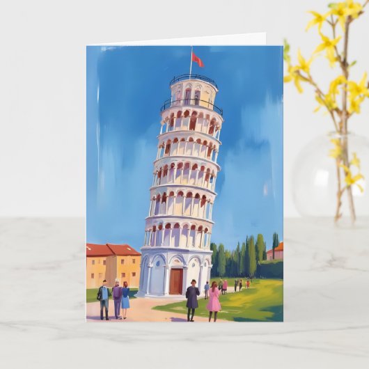 イタリア ピサの斜塔の絵画 カード (黄色い花)