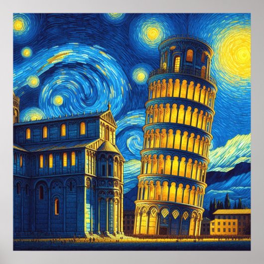 イタリア ピサの斜塔 星空 ポスター (正面)