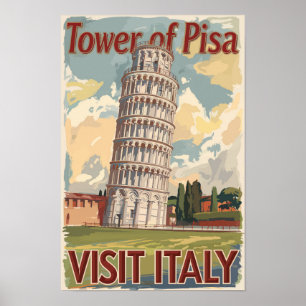 イタリア ピサの斜塔 画家風トラベルアート ヴィンテージ ポスター