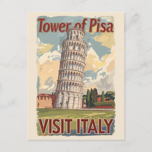 イタリア ピサの斜塔 画家風 旅行アート ヴィンテージ ポストカード (正面)