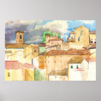 イタリア、ファブリアーノ - 日の当たる屋根 水彩画 ポスター