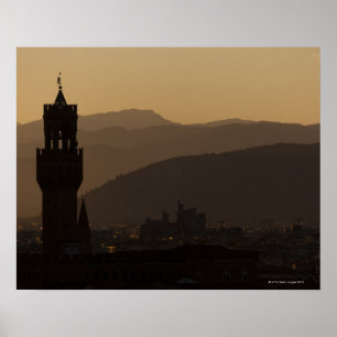 イタリア,フィレンツェ,夕暮れ時の都市の塔 ポスター