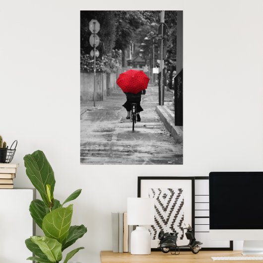 イタリア，フィレンツェ，赤い傘を持ったサイクリスト ポスター (ホームオフィス)