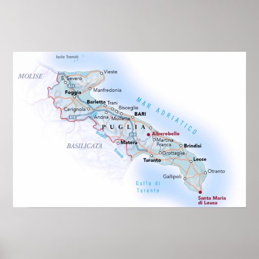 イタリア – プーリア – プーリアの地図 –  ポスター (正面)