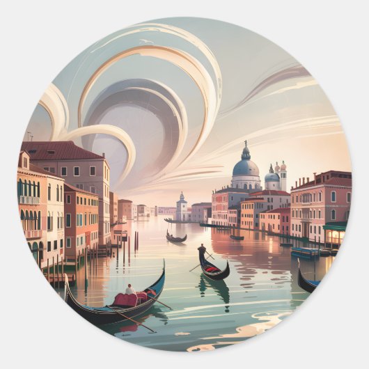 イタリア ベネチア ゴンドラ カナル 水彩画 レトロ 旅行 ラウンドシール (正面)