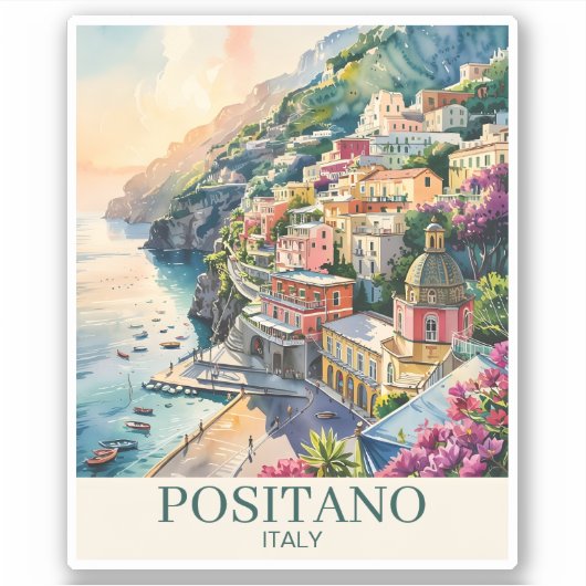 イタリア ポジターノ アマルフィ海岸 水彩風景画 シール (正面)