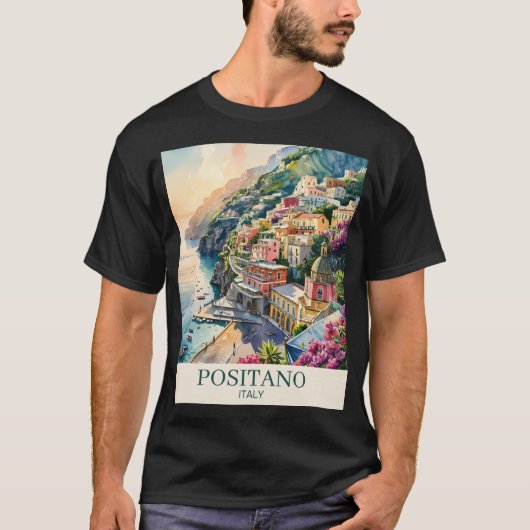 イタリア ポジターノ アマルフィ海岸 水彩風景画 Tシャツ (正面)
