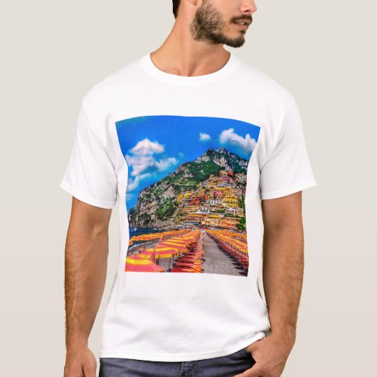 イタリア ポジターノ ビーチ アマルフィ海岸 崖の家 Tシャツ (正面)