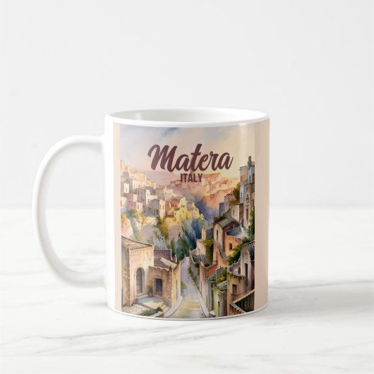 イタリア・マテーラのサッシ 水彩画 ヴィンテージ コーヒーマグカップ (左)