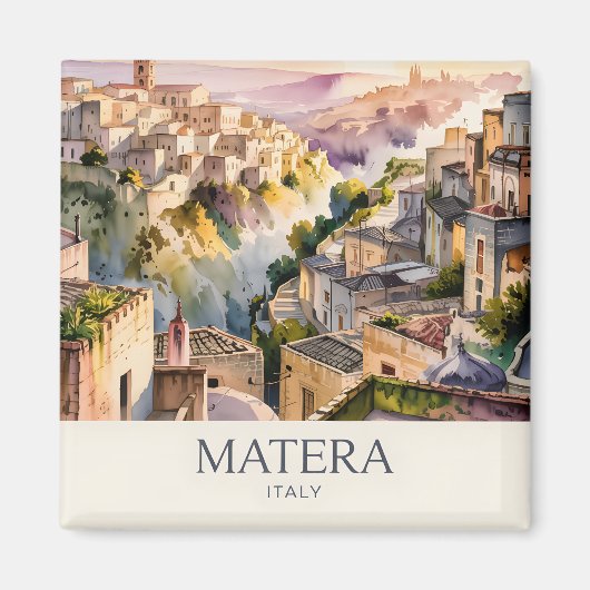 イタリア・マテーラの古都サッシの水彩画風景 マグネット (正面)