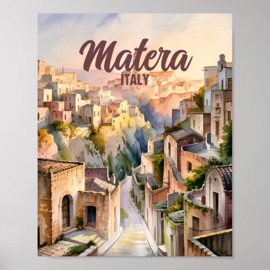 イタリア マテーラ サッシ 水彩画 ヴィンテージ ポスター (正面)