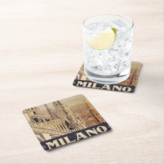 イタリア,ミラノの大聖堂のヴィンテージ旅行ポスター スクエアペーパーコースター (インサイチュ)