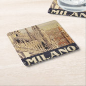 イタリア，ミラノの大聖堂のヴィンテージ旅行ポスター スクエアペーパーコースター (アングル)