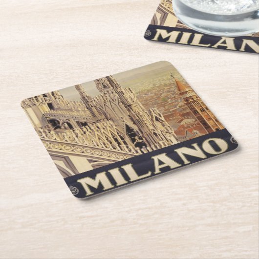 イタリア,ミラノの大聖堂のヴィンテージ旅行ポスター スクエアペーパーコースター (アングル)