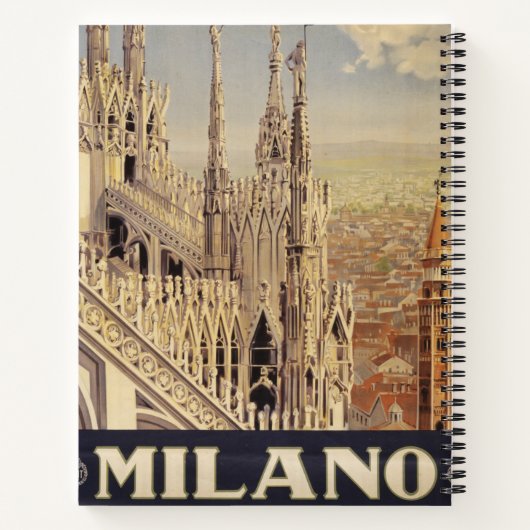 イタリア，ミラノの大聖堂のヴィンテージ旅行ポスター ノートブック (裏面)