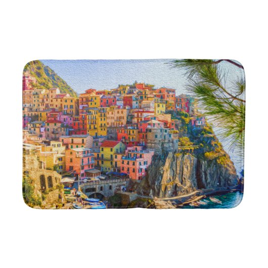 イタリア リグーリア チンクエテッレ 海崖の風景画 バスマット (正面)