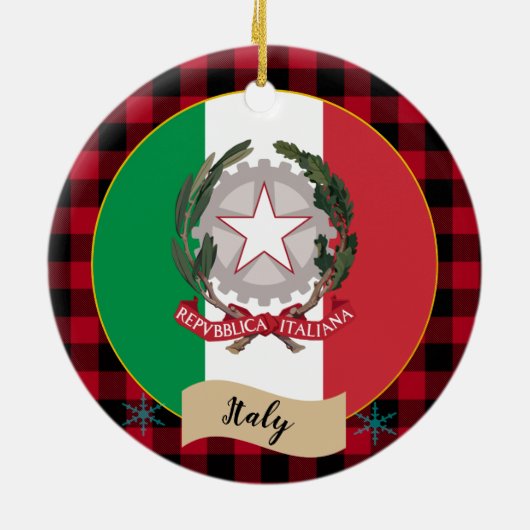 イタリア,レッドバッファロープレイド&イタリアン国旗 セラミックオーナメント (裏面)