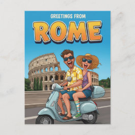 イタリア ローマのヴェスパに乗った陽気な観光客 ポストカード