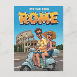 イタリア ローマのヴェスパに乗った陽気な観光客 ポストカード