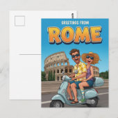 イタリア ローマのヴェスパに乗った陽気な観光客 ポストカード (正面/裏面)