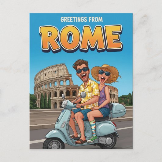 イタリア ローマのヴェスパに乗った陽気な観光客 ポストカード (正面)
