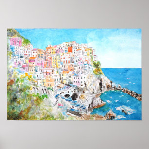 イタリアCinque Terre水色絵画の ポスター