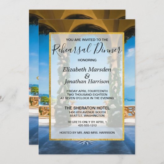 イタリエレガントアルブルーグリーン金ゴールドリハーサルディナー 招待状 (正面/裏面)