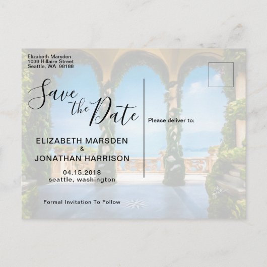 イタリエレガントア日付を保存する青い緑の金ゴールド写真 案内ポストカード (裏面)