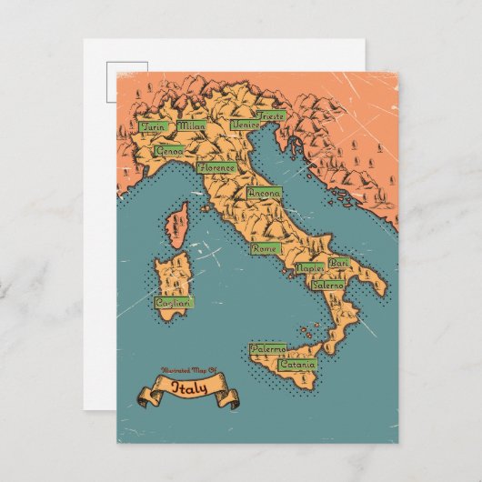 イタリ図解入りの、写真付きのアの地図 案内ポストカード (正面/裏面)