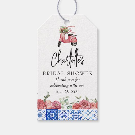 イタリ地中海のアフローラピンクブライダルシャワー ギフトタグ (正面)