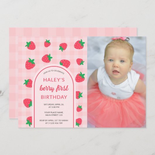 イチゴかわいいベリー第1回誕生日の写真 招待状 (正面/裏面)