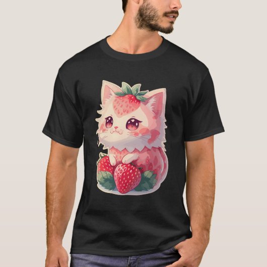 イチゴかわいい猫かわいいアニメ – Strawberry Cat Tシャツ (正面)