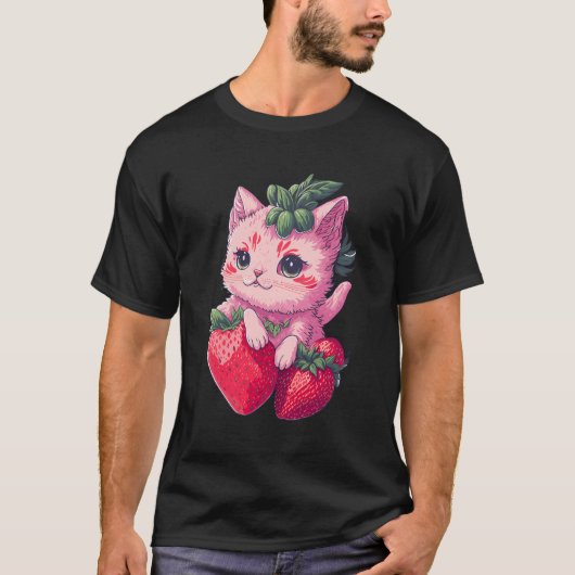 イチゴかわいい猫かわいいアニメ – Strawberry Cat Tシャツ (正面)