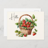 イチゴが詰まったかわいいバスケットこんにちは ポストカード (正面/裏面)