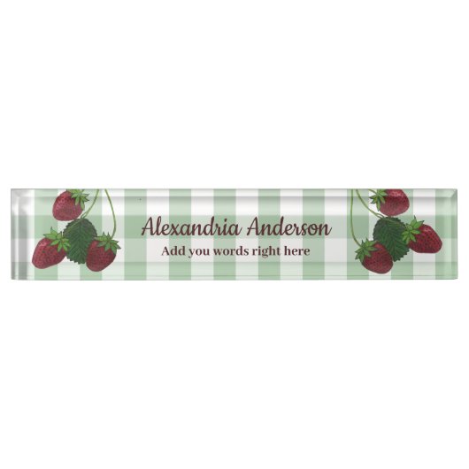 イチゴつる植物及びギンガム机用ネームプレート デスクネームプレート (正面)