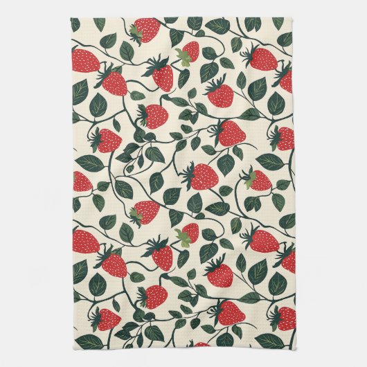 イチゴつる植物模様 キッチンタオル (縦)