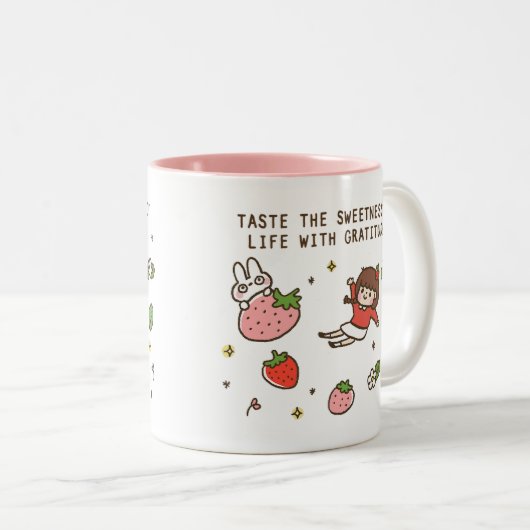 イチゴとウサギのメッセー前向きジコーヒーマグ ツートーンマグカップ (正面右)