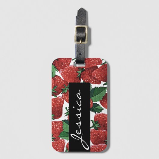 イチゴとクリーモダンムパーソナライズされた模様 ラゲッジタグ (正面縦)