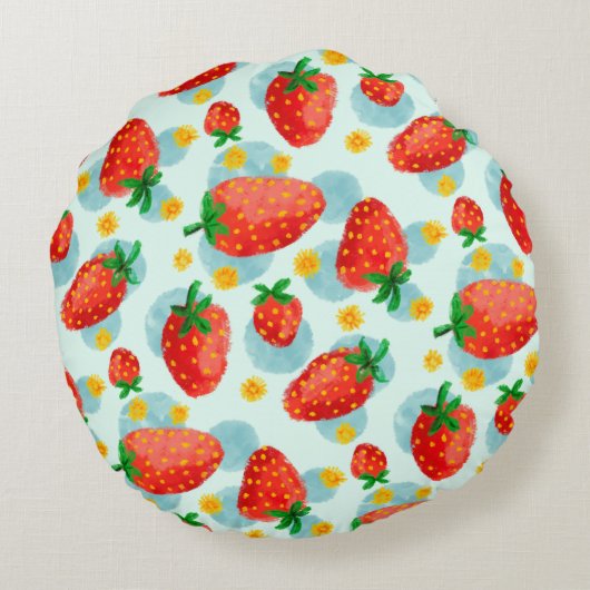 イチゴとデイジー青い水色 ラウンドクッション (裏面)