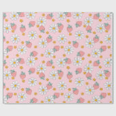イチゴとデイジー&スイートピンク背景 ラッピングペーパー (フラット)