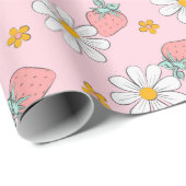 イチゴとデイジー&スイートピンク背景 ラッピングペーパー (ロールコーナー)