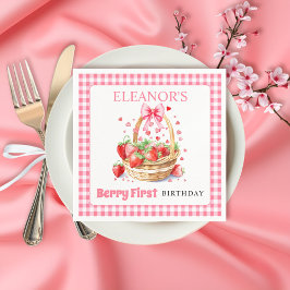 イチゴとピンクのリボンで飾るBerry First Birthday スタンダードカクテルナプキン
