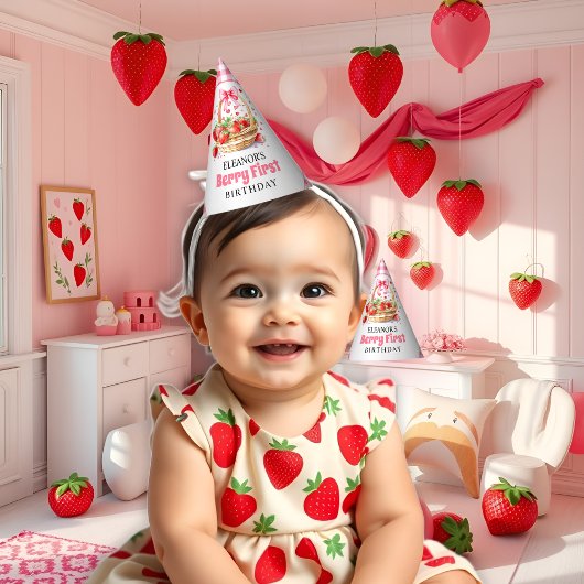 イチゴとピンクのリボン Berry First Birthday パーティーハット