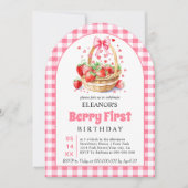 イチゴとピンクボウベリーファースト誕生日 招待状 (正面)