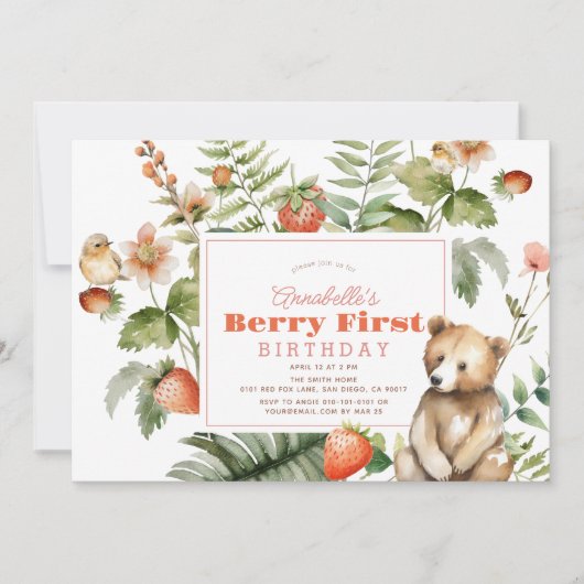 イチゴとベアーベリーの最初の誕生日 招待状 (正面)